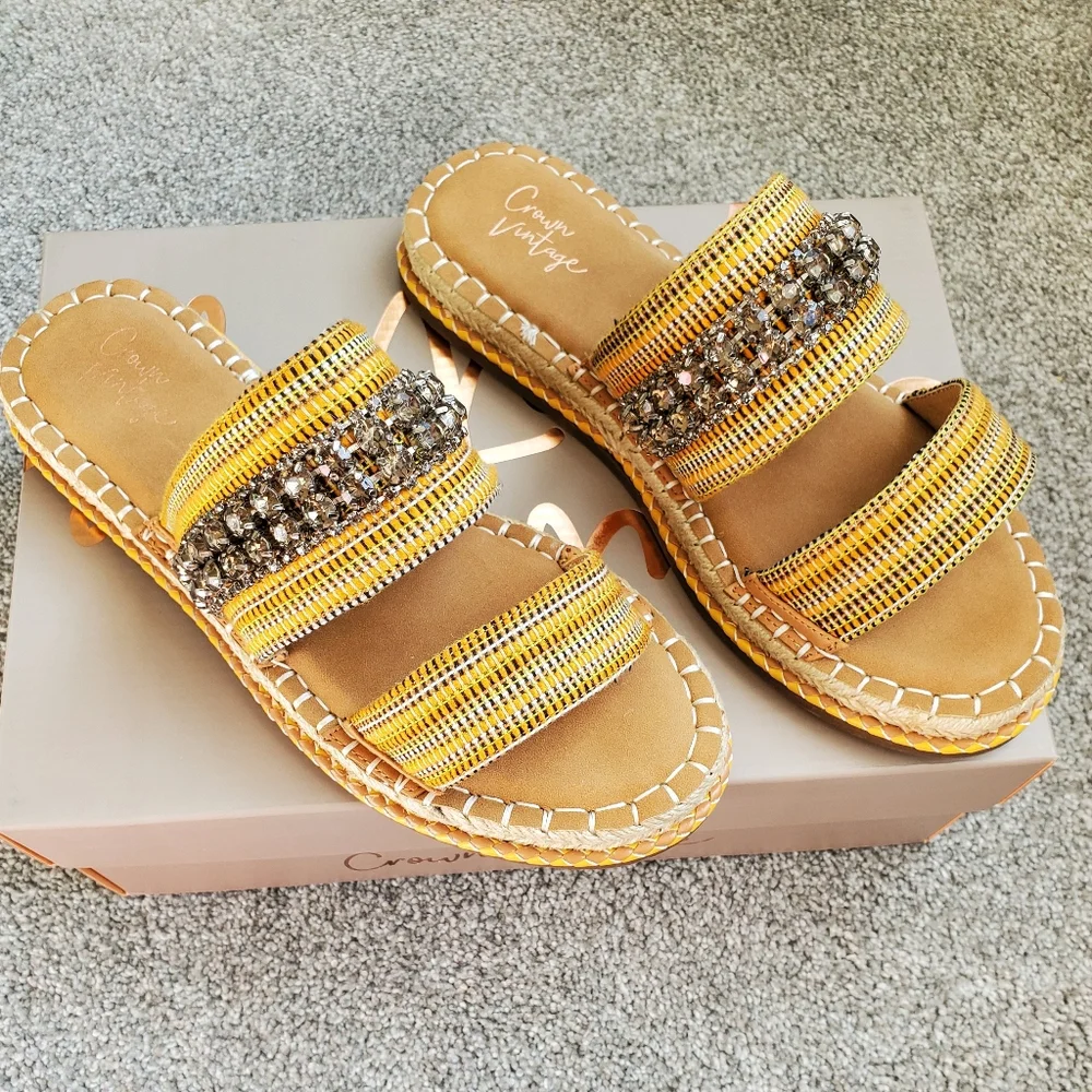 Crown vintage rhinestone slip on espadrilles, 8, yellow/ orange